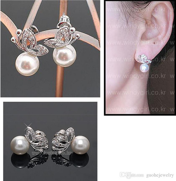 Fashion Alloy Pearl Butterfly Stud Earrings & Necklace New elegant jewelry sets for women Free Shipping