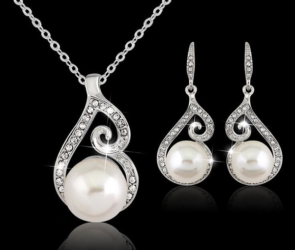 New est Women Crystal Pearl Pendant Necklace Earring Jewelry Set 925 Silver Chain Necklace Jewelry C025