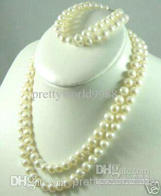 100% natural japanese Akoya 2row unite 8-9MM white pearls necklace bracelet set