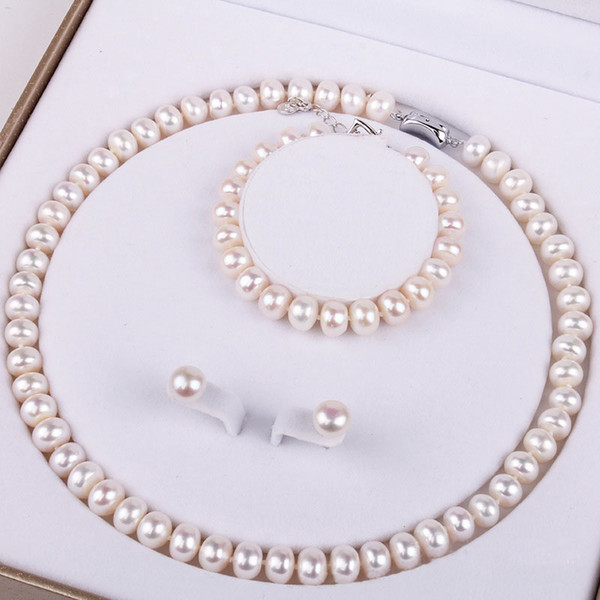 Freshwater Pearl Jewelry Set 9-10mm Big Oblate White Pink Purple Color Pearl Necklace Bracelet Earrings 2018 Jewelry Wholesale Free Shipping