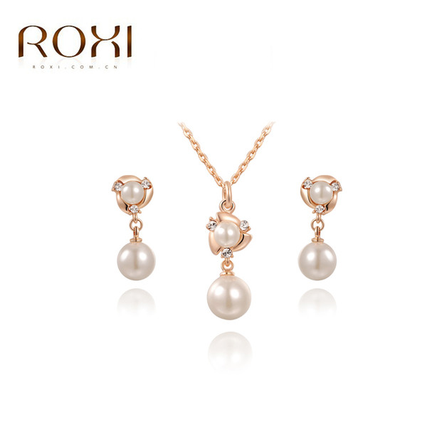 ROXI Vacation Simulated Pearl Hand Made Jewelry Sets Rose Gold Color Stud Earrings Necklace Pendant Fashion Jewelry