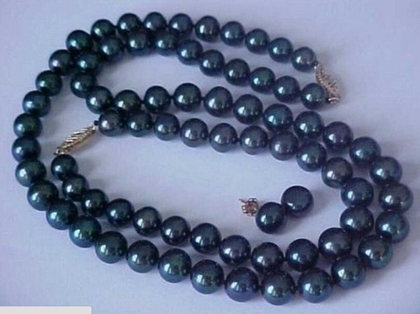 9-10MM NATURAL BLACK TAHITIAN PEARL NECKLACE18inch+BRACELET +EARRING SET 14k