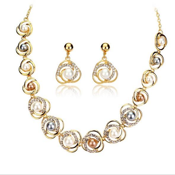 18K Accessories Saturn Ring Alloy Pearl Necklace Earrings Fashion Set