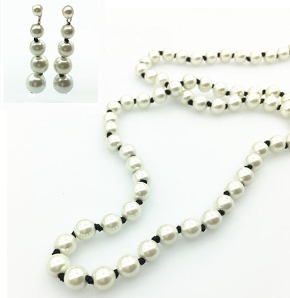 Glass Pearl Earrings And Necklace A Set Black Knots Between Each Beads for Famale On Wholesale