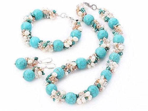 Handmade chunky white real freshwater pearl crystal turquoise stone statement necklace bracelet earrings set fashion jewelry