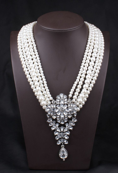 Newest arrived high quality handmade Long pearl necklace with diamonds pendants for dinner dress accessories free shipping