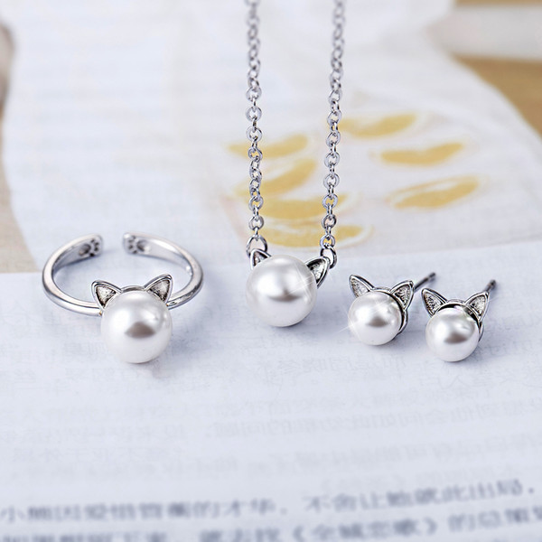 Silver Jewelry Sets Hot Sale pearl cat ear Pendants Necklace Stud Earrings for Girl Party Fashion Jewelry Wholesale