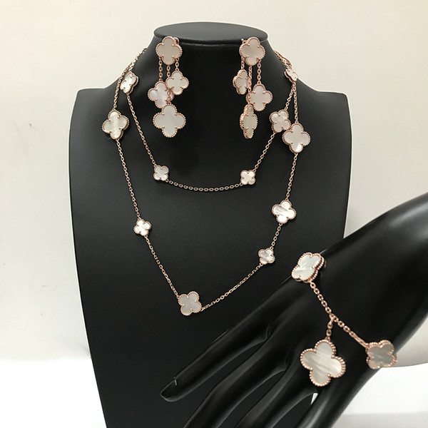 Fashion brand 925 silver four leaf flower jewelry set for women wedding necklace bracelet earrings white mother pearl shell clover jewelry