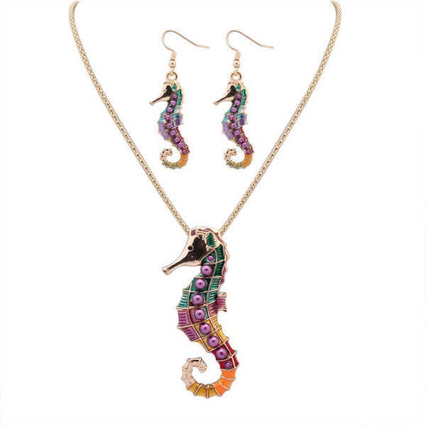 NEW free style 18KGP/925 silver Drip Rainbowful Sea horse with purple pearls hape jewelry set alloy necklace earrings accessories for women