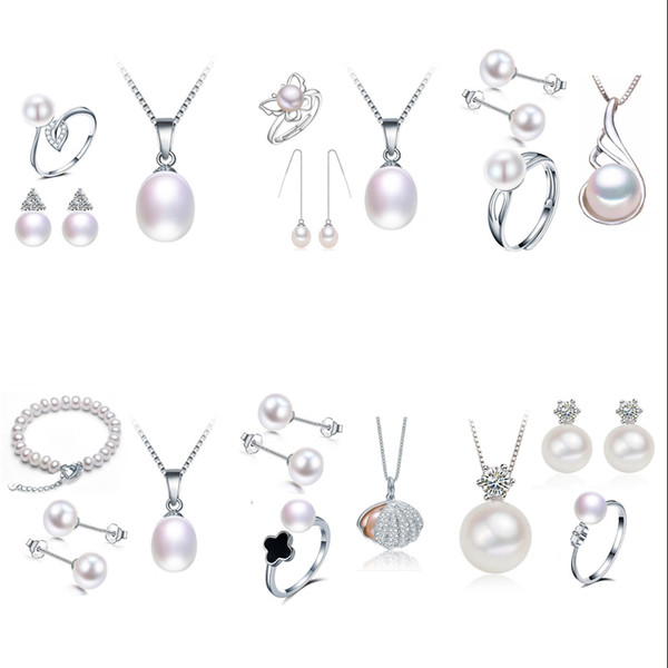 100% Natural Freshwater Pearl Jewelry for Women 925 Silver Pendants&Rings&Bracelet Jewelry Set 3 Color Oblate Pearl Party Wedding Gift