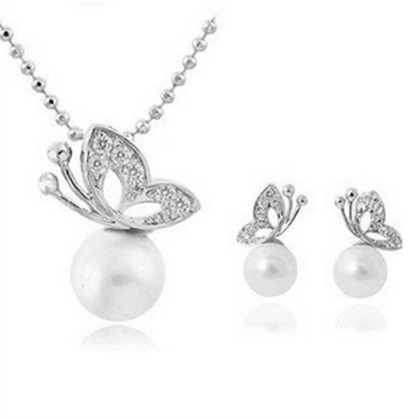 Fashion full rhinestone butterfly imitation pearl Earrings and Necklace Jewelry Set wholesale for women