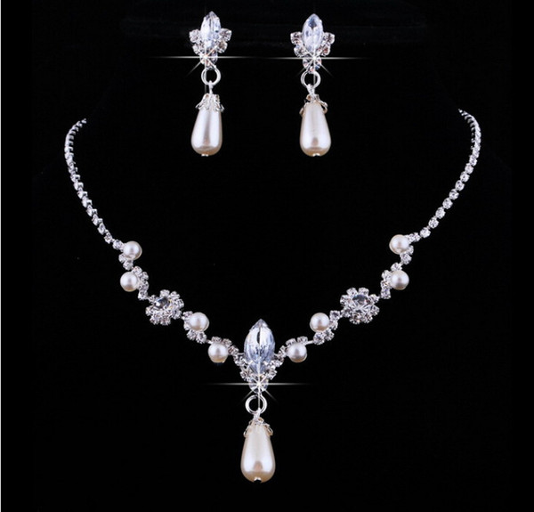 Crystal Waterdrop Pearl Earring & Necklace Set Bridal Bridesmaid Wedding Jewelry Set Women Girls Prom Party Jewellery Accessories