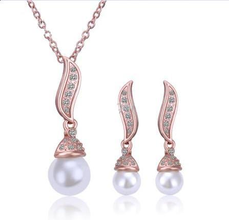 Rose Gold Plated Clear Rhinestone Crystal Drop Pearl Bridal Necklace and Earrings Jewelry set