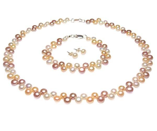 Wholesale Pearl Necklace, Bracelet and Earrings Complete Set of 3, 925 Silver, Genuine Freshwater Pearls in Two Rows Alternating Style