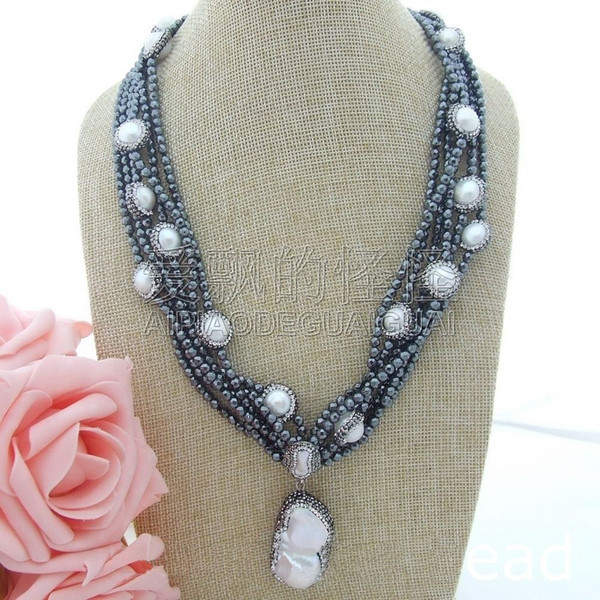 N070106 6Strands 21'' Pearl Hematite Necklace Keshi Pendant