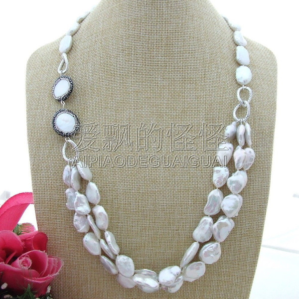 N101405 3 Strands White Keshi Pearl Trimmed With Marcasite Necklace