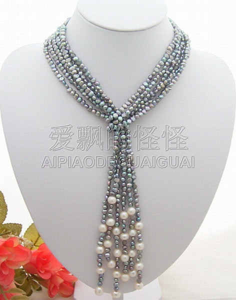 N051116 3Strands 46'' Gray White Pearl Necklace