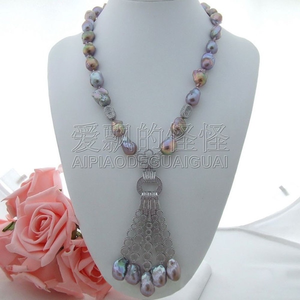 N021205 22'' 20MM Purple Keshi Pearl Necklace CZ Pendant