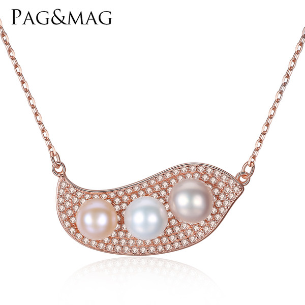 PAG&MAG White+Pink+Purple Mix Color Freshwater Pearl Jewelry S925 Silver Chain Necklace Women Rose Gold Color Gift Free Shipping