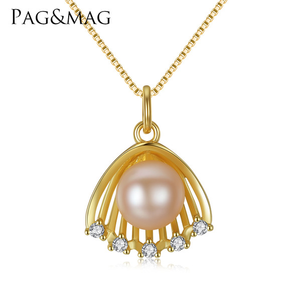 PAG&MAG Vogue Charm Fascination Enchantment Shell Shape Pendant 925 Sterling Silver Freshwater Natural Pearl Necklace For Women