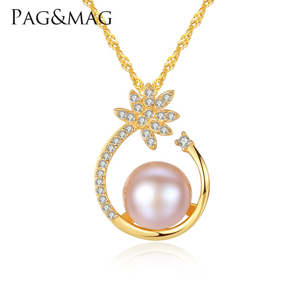 PAG&MAG 925 Sterling Silver CZ Flower Necklace,Fine Pearl Pendant Jewelry Women Bohemia 18K Gold Color Chain For Love, Girl Gift