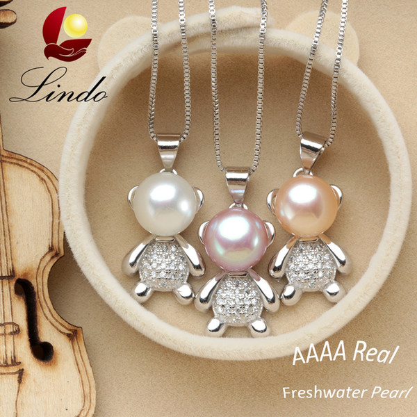 Fashion Cute Bear Pendant Necklace 100% Natural Freshwater Pearl 925 Silver Jewelry for Girls with Gift Box