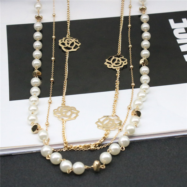 Fashion Multilayer Graceful Necklace Jewelry Pearl Chain Alloy Flower Gold Plated Necklaces For Women Necklace Party