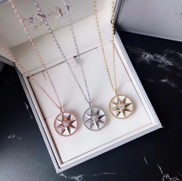 Vintage S925 Sterling Silver Rose White And Yellow Gold Round Compass Long Chain Sweater Necklace For Women Jewelry