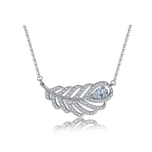 Women Fur Necklace 925 Sterling Silver Jewelry Wedding Necklace Shining 3A CZ Diamond Leaf Shape Pendant Bijoux Silver Feather Necklaces