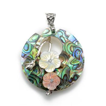 Handmade Jewellery Round Paua Abalone Shell Pendant with Bead Necklace Chain Yellow & Pink Flowers Unique Jewelry