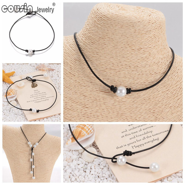 New Pearl Handmade Single simulation Perfect Round Pearl leather necklace on Genuine Leather Cord for Women Pearl Jewelry