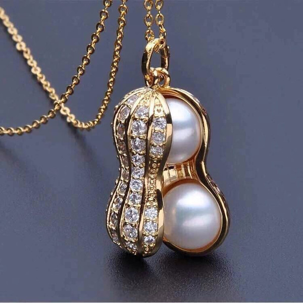 Peanut Necklaces Gold Color Pendants Double Simulated Pearl Charm Jewelry Clavicle Link Chain Choker Women Fashion Accessories