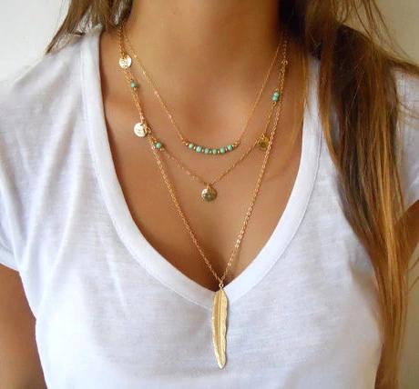 Hot Fashion Gold Color Multilayer Coin Tassels Lariat Bar Necklaces Beads Choker Feather Pendants Necklaces For Women Bijoux