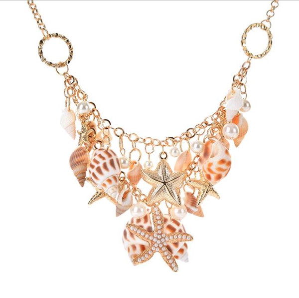 Summer Beach Jewelry Fashion Trend Starfish Sea Shell Pearl Chunky Statement Necklace for Women Free Shipping