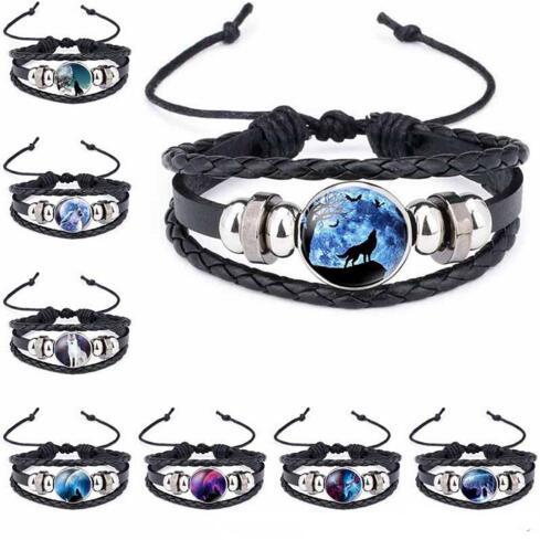 Moon Wolf Howling Handmade Glass Cabochon Woven Leather Bangles Mens Black Cool Punk Animal Bracelet Jewelry Moonlight Gemstone Bracelets