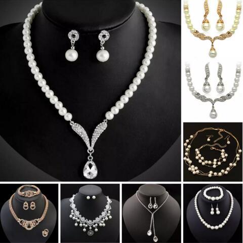 Bridesmaid Jewelry Set for Wedding Crystal Rhinestone Tear Drop-Shaped Fashion Jewelry Pearl Necklace pendants Earring Party Jewelry Sets 5s