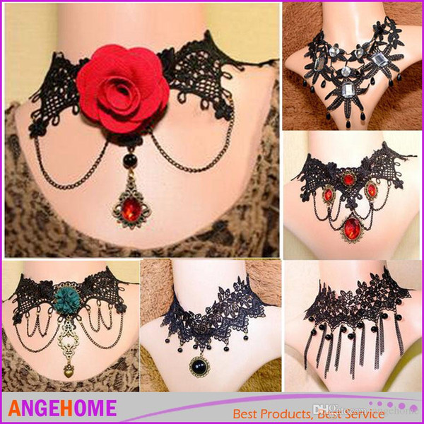 2016 Fashion Women Vintage Handmade Retro Short Gothic Steampunk Lace Flower Choker Necklace Jewelry lace necklace Pendant for Bridal Brides