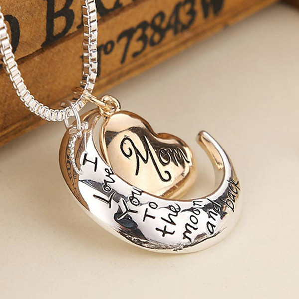 High Quality Heart Jewelry I Love You To The Moon And Back Mom Pendant Necklace Mother Day Gift Wholesale Jewelry Gold Necklaces For Women