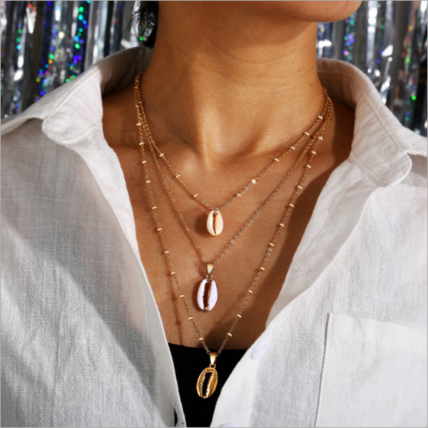 2019 new listing shell necklace creative geometric shell pendant necklace conch inlaid with gold edge clavicle chain