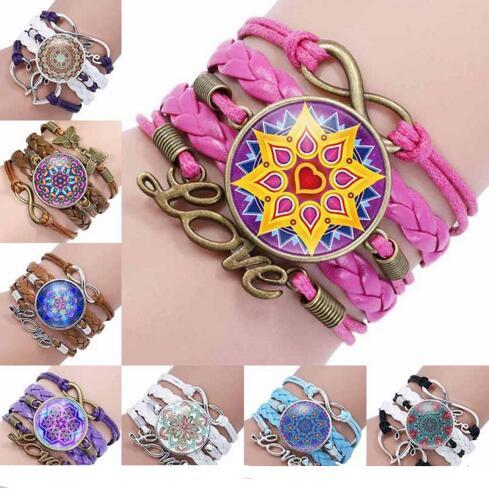 Fashion mandala flower Glass Cabochon Infinity Love Leather Bracelet For Girls Women time gemstone Bracelets Mandala Bracelet