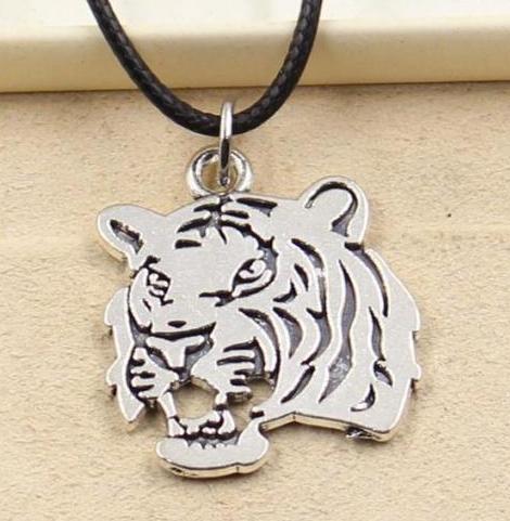 Hot Sell! 20pcs/lot Tibetan Silver tiger head Necklace Choker charms Pendant Black Leather Necklace