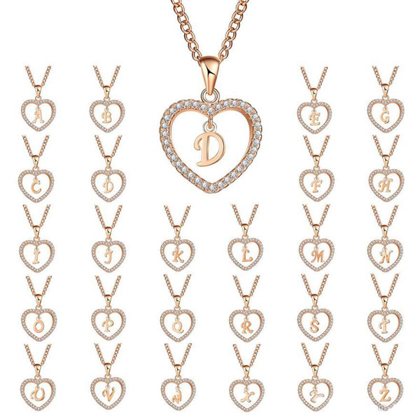 Fashion A To Z 26 Letter Name Necklaces & Pendant For Women Girl Fashion Long Chain Heart Necklaces Cubic Zirconia Jewelry Gift