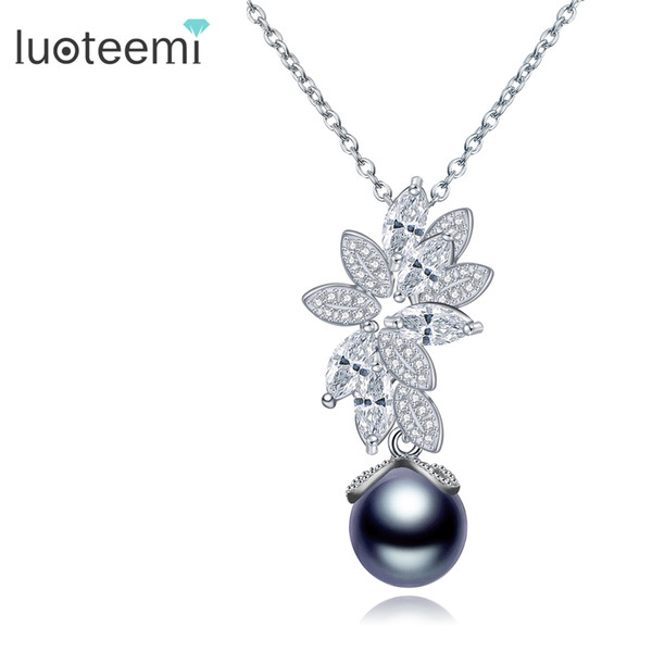 LUOTEEMI New Statement Het Selling Single Round Gray Imitation Pearl with CZ Flower Pendant Necklace for Women Christmas Gift