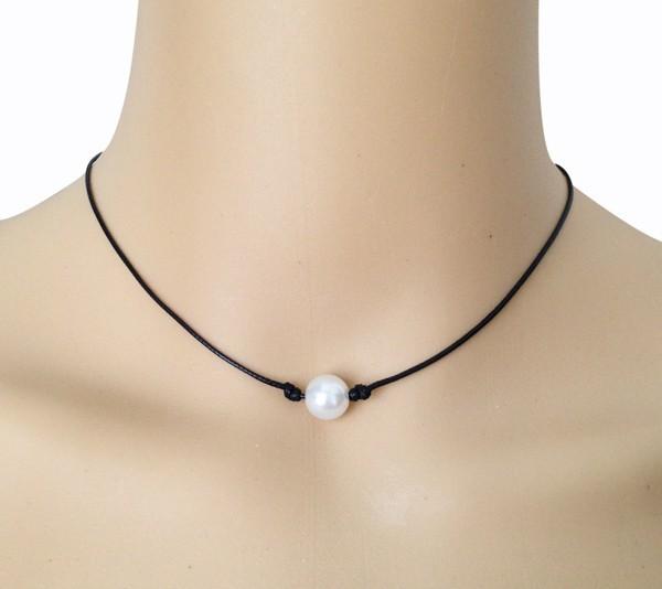 10mm Cultured Freshwater White Pearl Necklace Single Pearl Black Leather Choker Real Floating Pearl Handmade Jewelry Best Friend Accessories