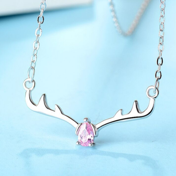 Fine Sterling Silver 925 Women Pendant Necklace Cubic Zirconia CZ Pendant 17.7 in. Antlers Pattern Charm Necklace