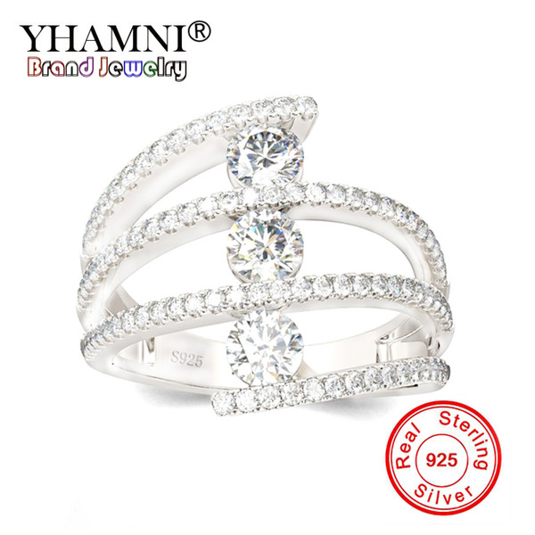 YHAMNI 100% Solid 925 Sterling Silver Trendy Round Zirconia Finger Rings Fashion Wedding Engagement Jewelry For Women ZR1088