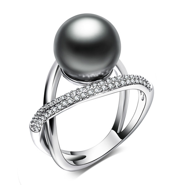 New arrival Leaf ring with big Grey Pearl Trendy White jewellery dropshipping anel aneis female jewelry brass rings