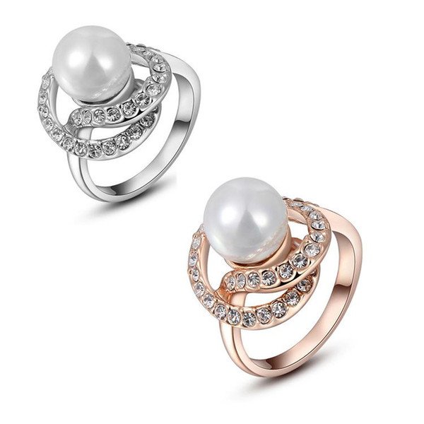 New18K Rose Gold or White Gold Plated Pearl Rhinestone Ring Austrian Diamond Crystal Wedding dress rings