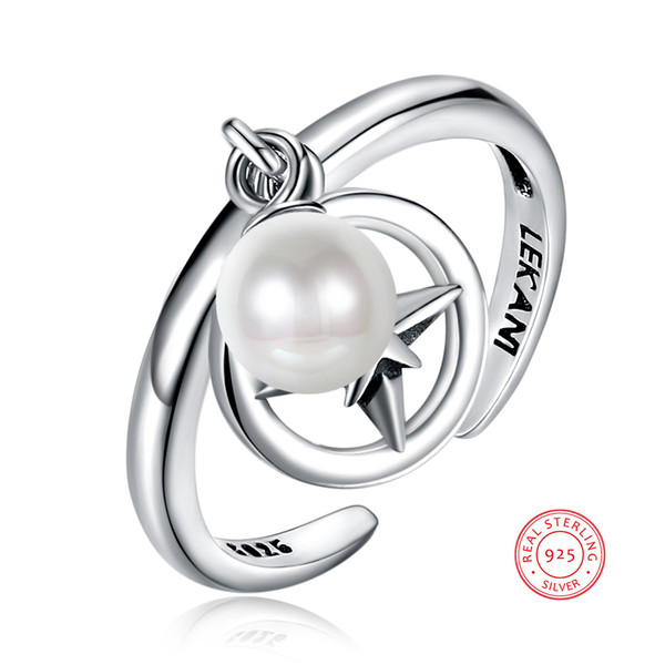 2018 New Style Jewelry Standard S925 Sterling Silver Ring White Simulated Pearl Ring Retro Style Size Adjustable Opened Ring Women's Jewelry