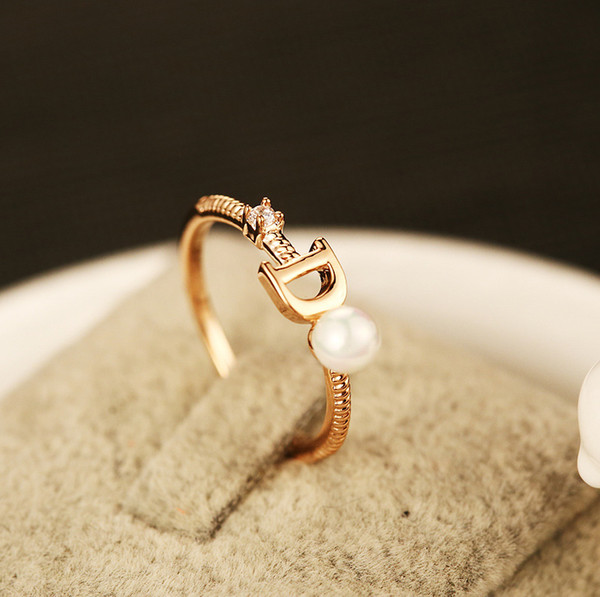 High quality rose gold rings for women imitation pearl letter D CZ diamond ring fashion Korea design R00044